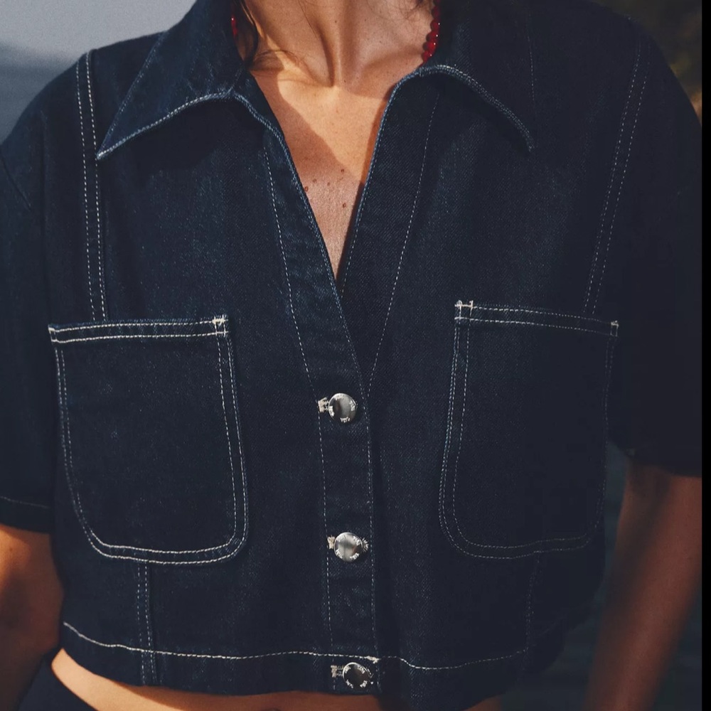 Dark blue Cropped Denim short sleeve jacket/button down shirt